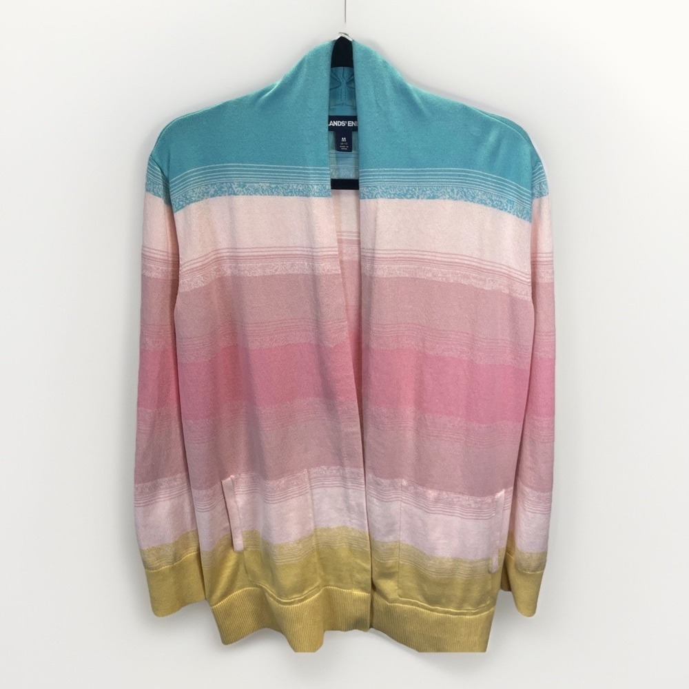 Lands' End Women M Multicolor Cotton Open Front w/ Pockets Cardigan Sweater 1687